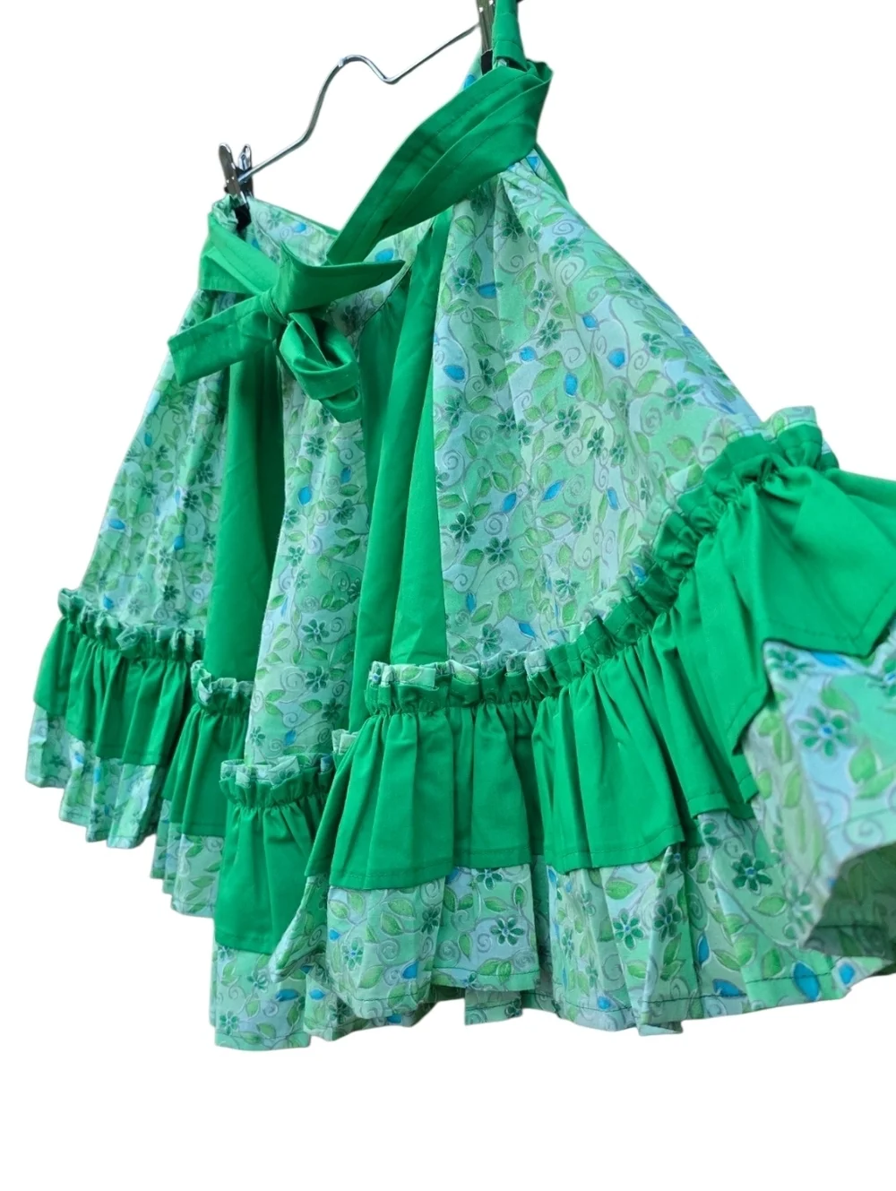 Vintage Green Floral Cotton Square Dance Skirt Cottagecore Prairie Ruffle